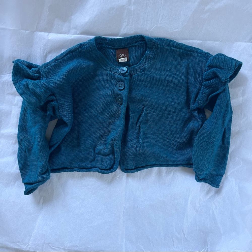 Tea Button-Up Crop Cardigan with Ruffled Sleeves